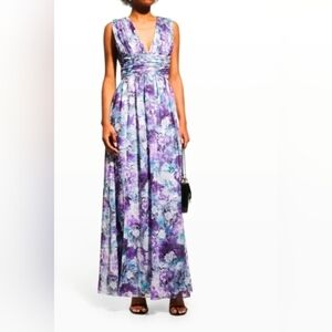 Dress The Population Women's Purple Maxi  Floral-Print Ruched Gown Dress Size S
